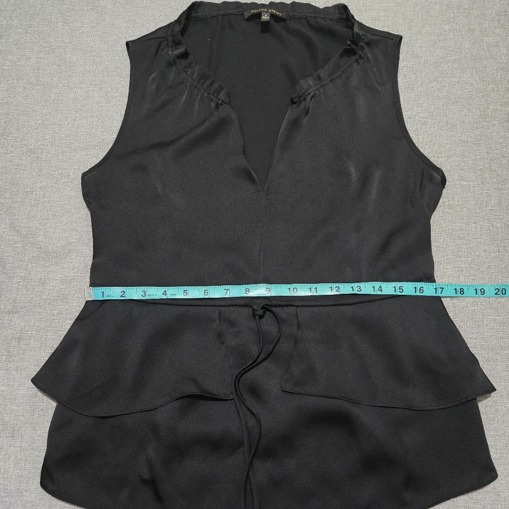 CYNTHIA STEFFE Hanna Black Ruffle Blouse Drawstring Waist Sleeveless Size Medium - Picture 10 of 14